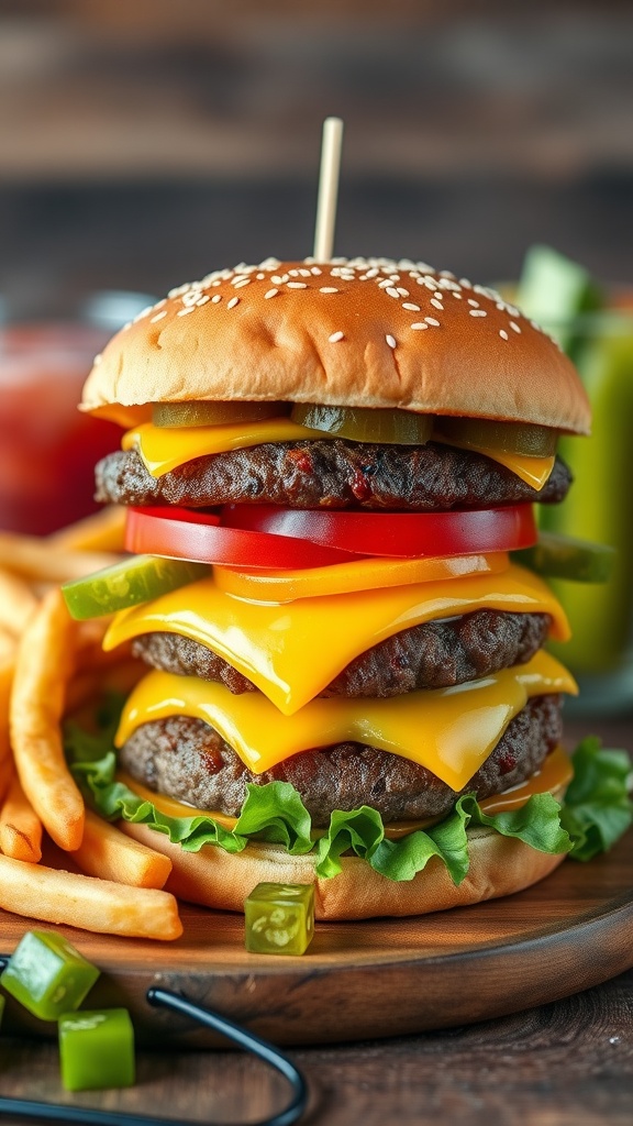 A classic cheeseburger with beef patty, cheese, lettuce, tomato, and pickles on a wooden table with fries.